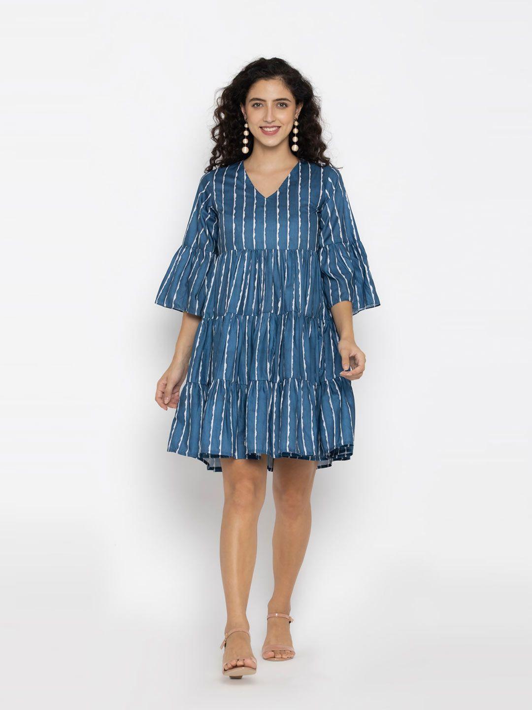 octics women blue tiered bell sleeve a-line dress