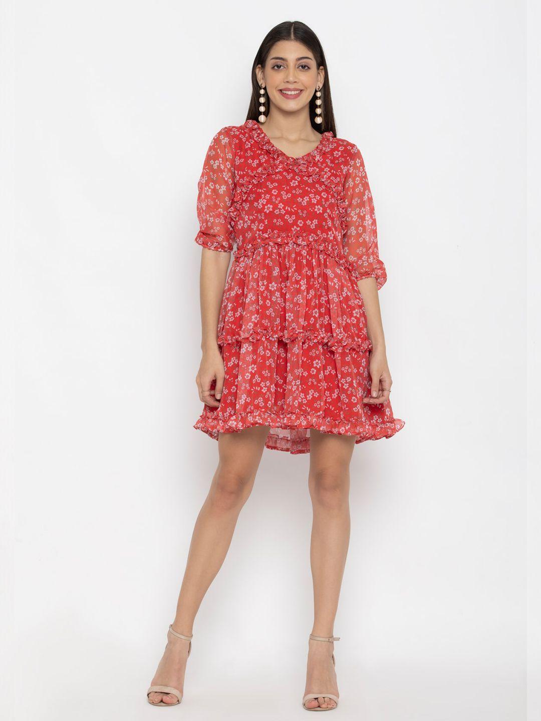 octics red floral georgette dress