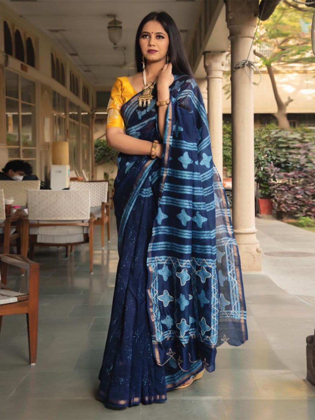 baisacrafts blue batik gotta patti art silk block print saree