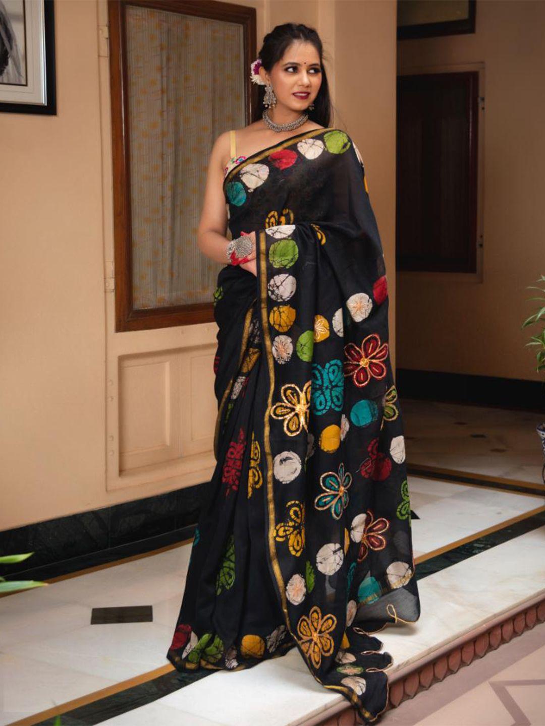 baisacrafts black batik art silk block print saree