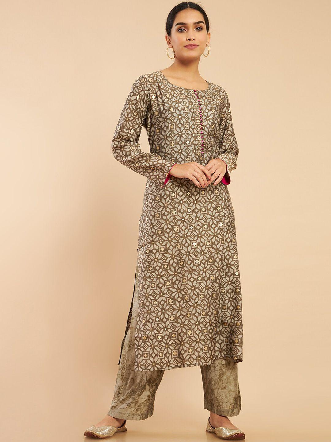 soch women beige floral mukaish kurta with trousers