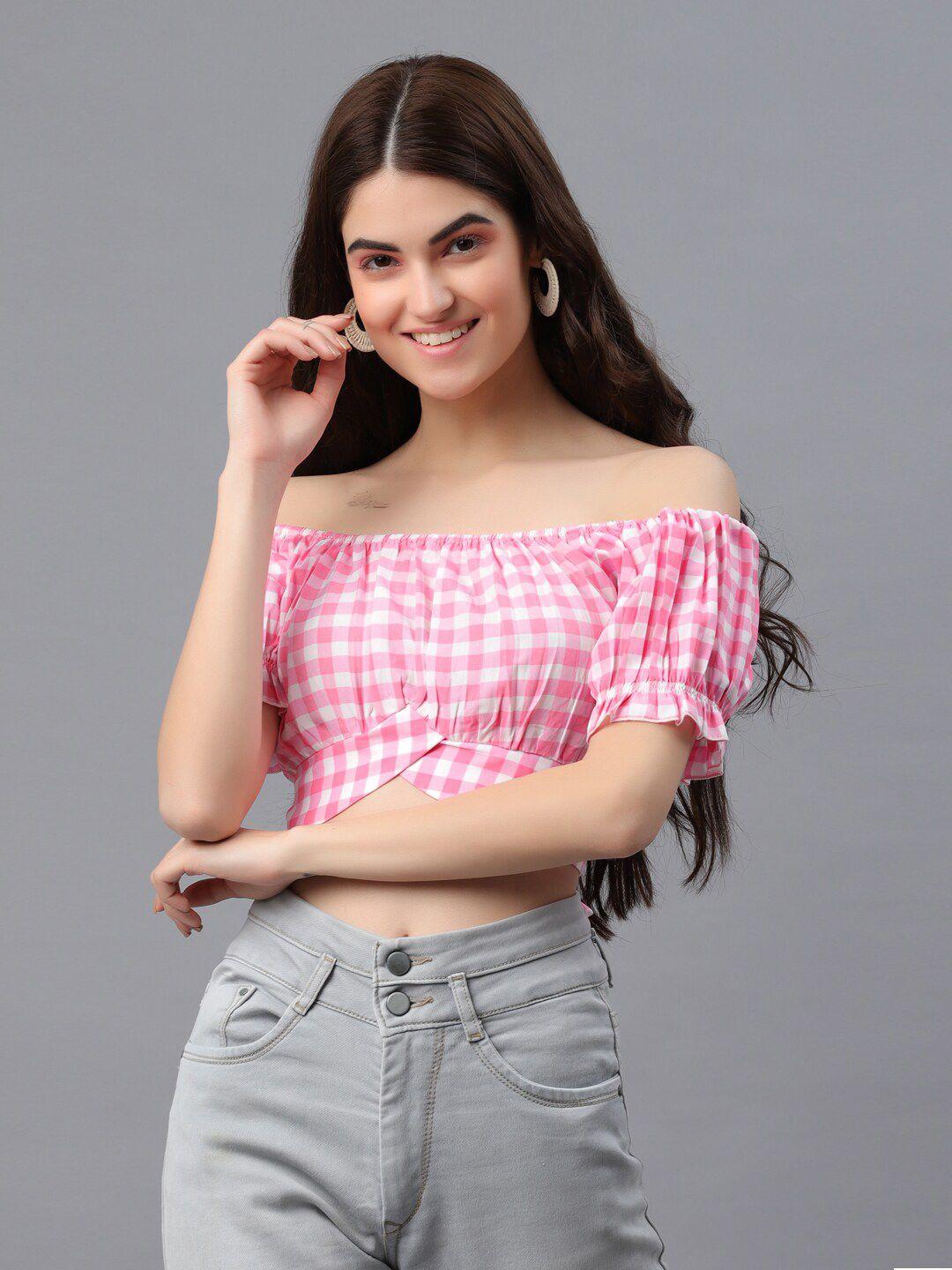 pretty loving thing women pink checked off-shoulder bardot crop top