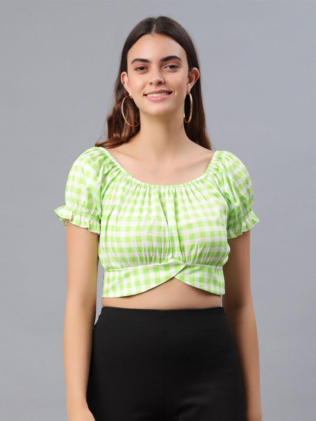 pretty loving thing women green checked blouson crop top