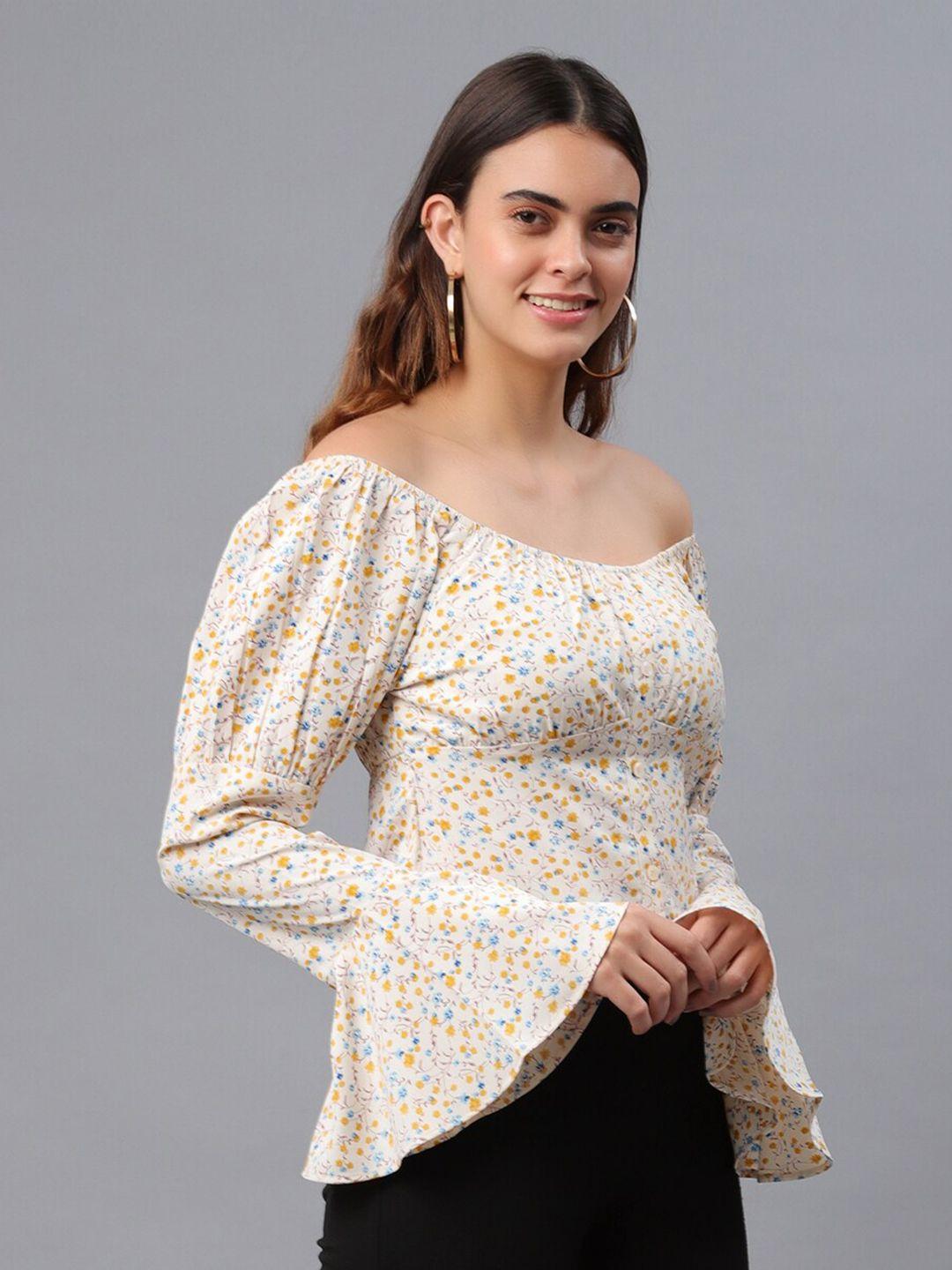 pretty loving thing off white floral print off-shoulder bardot top