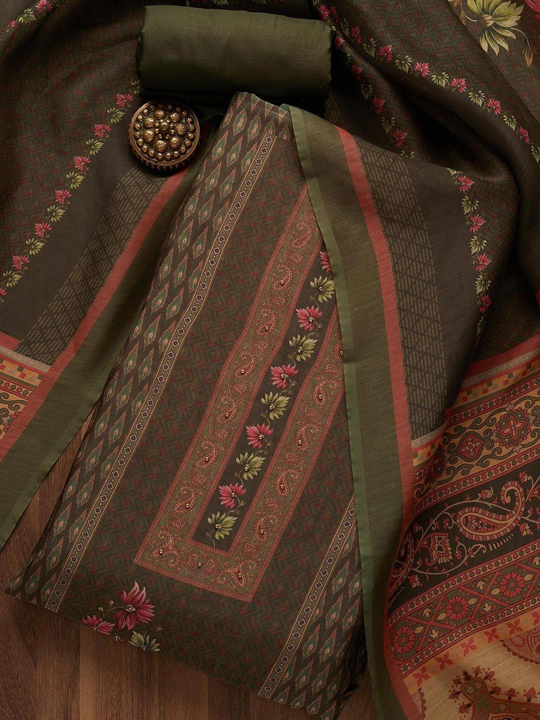 koskii green & brown embroidered unstitched dress material