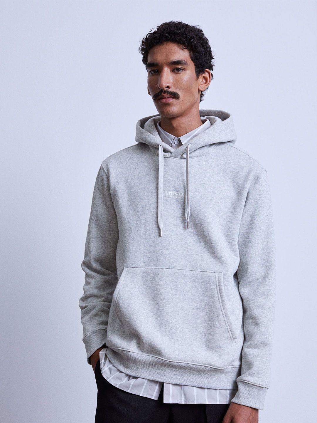 h&m men grey regular fit printed hoodie