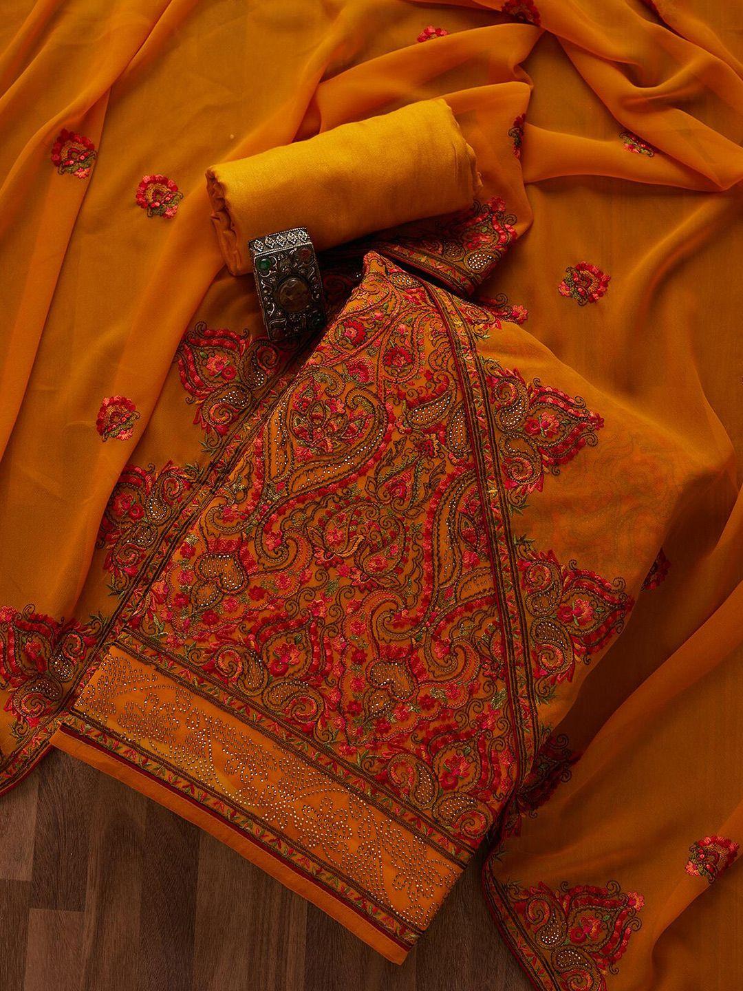 koskii mustard & red embroidered unstitched dress material