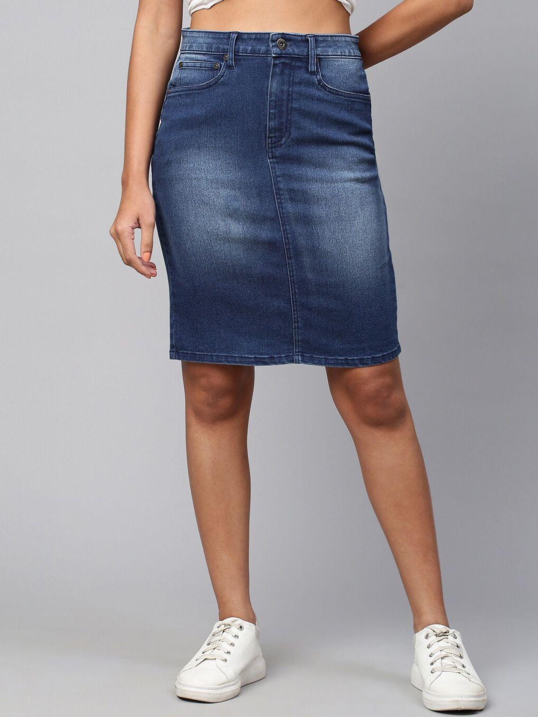 chemistry women navy blue denim solid pencil midi skirts