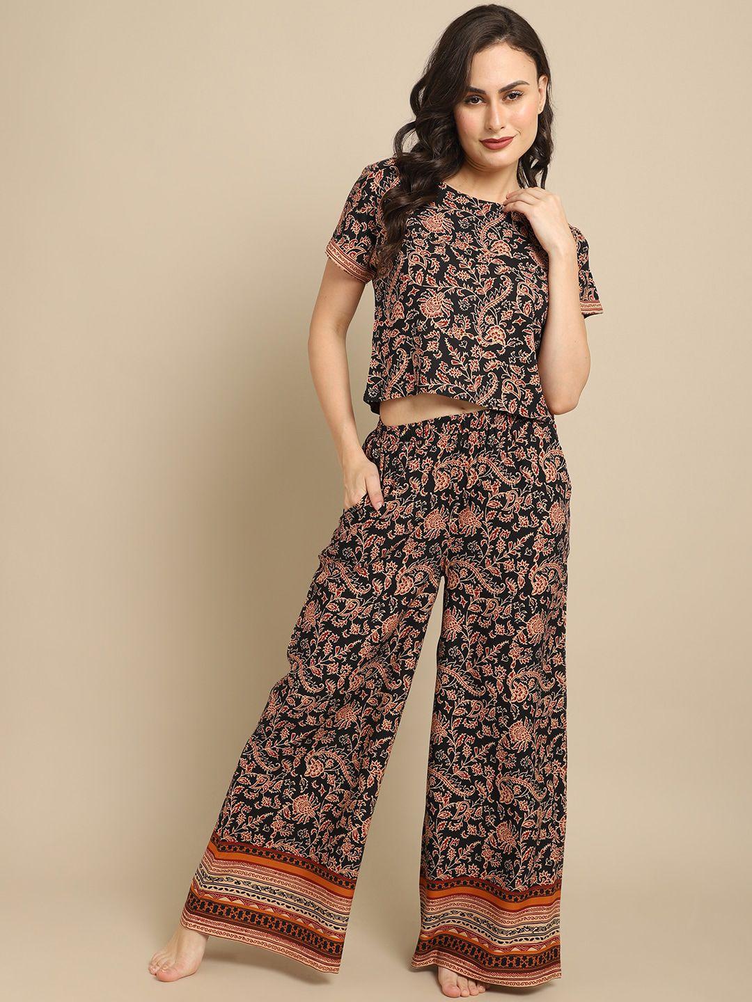 claura women black & peach-coloured printed night suit