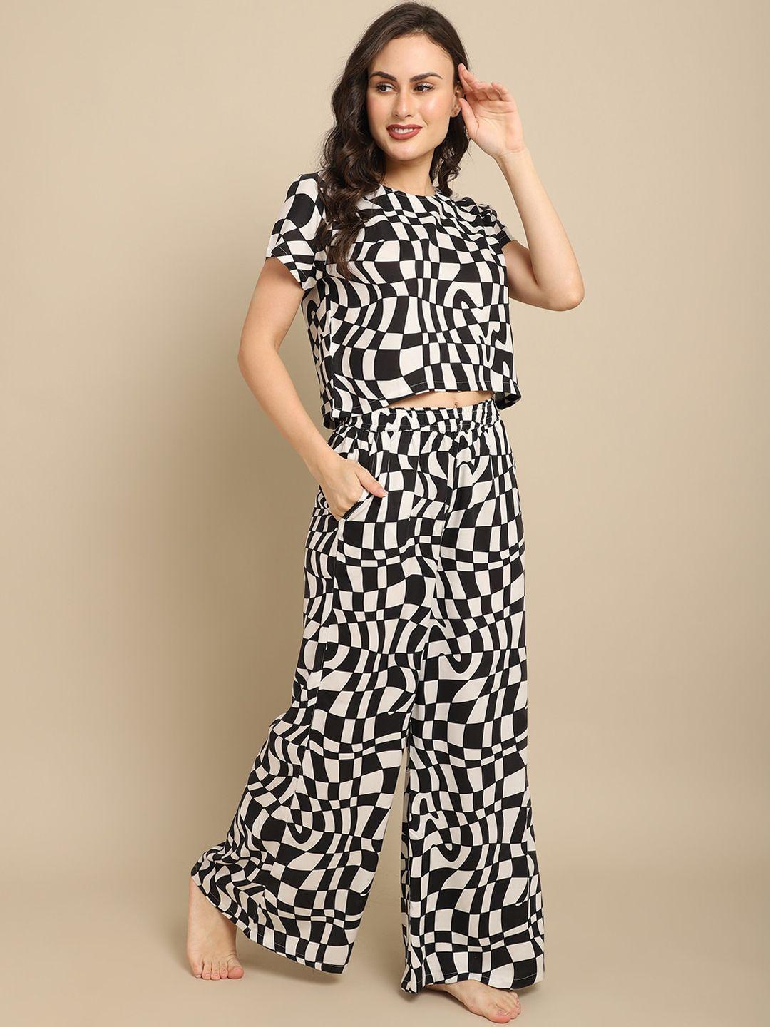 claura women black & white printed night suit