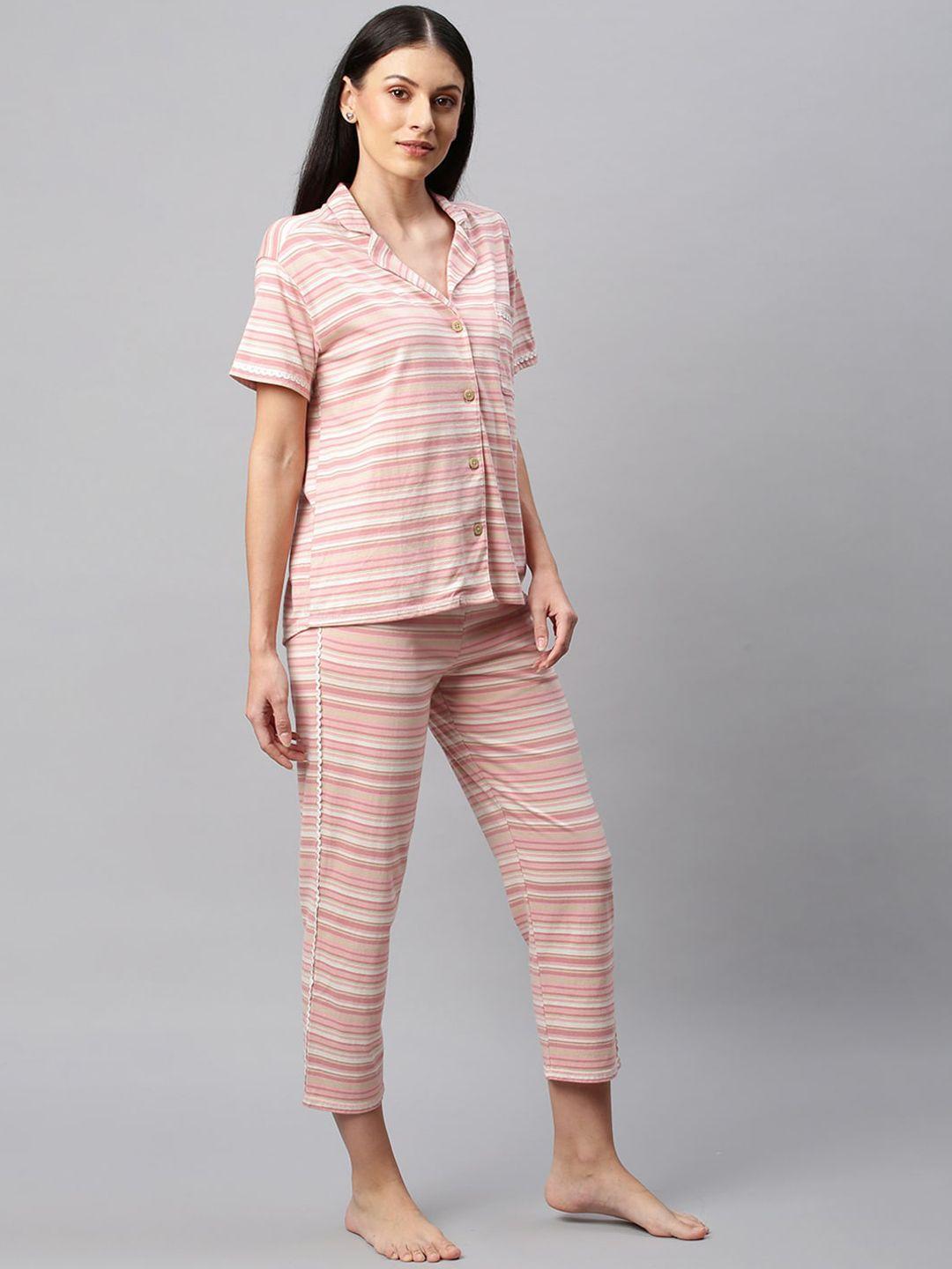 chemistry women pink & white striped printed night suit