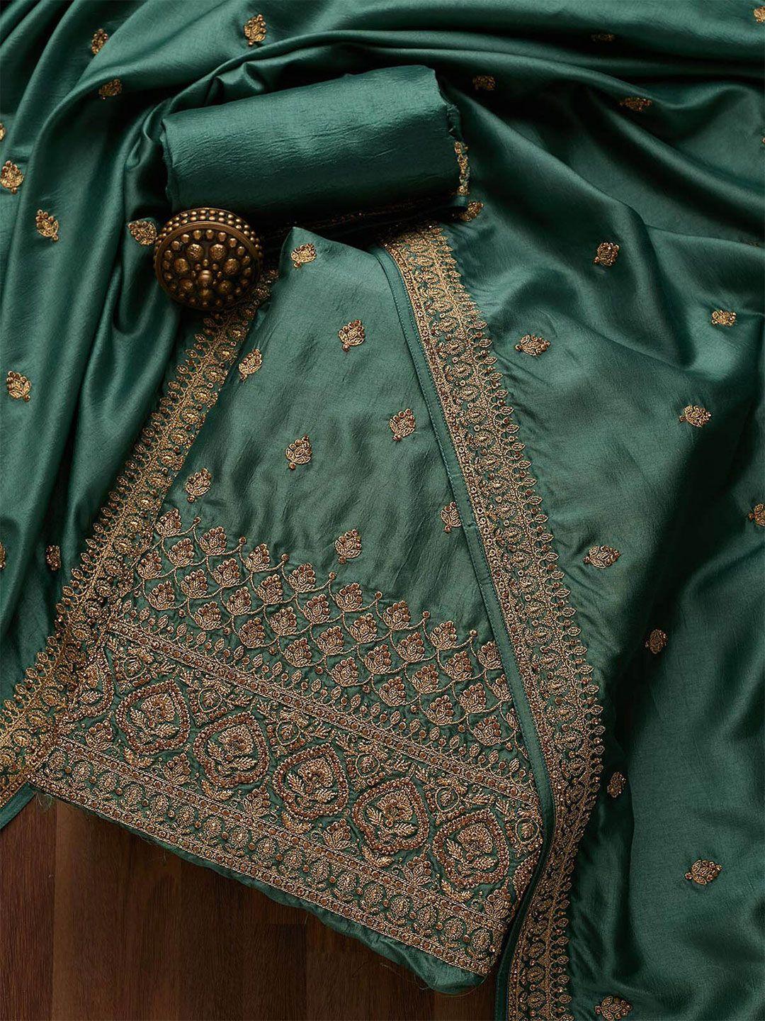 koskii women green & gold-toned embroidered art silk unstitched dress material