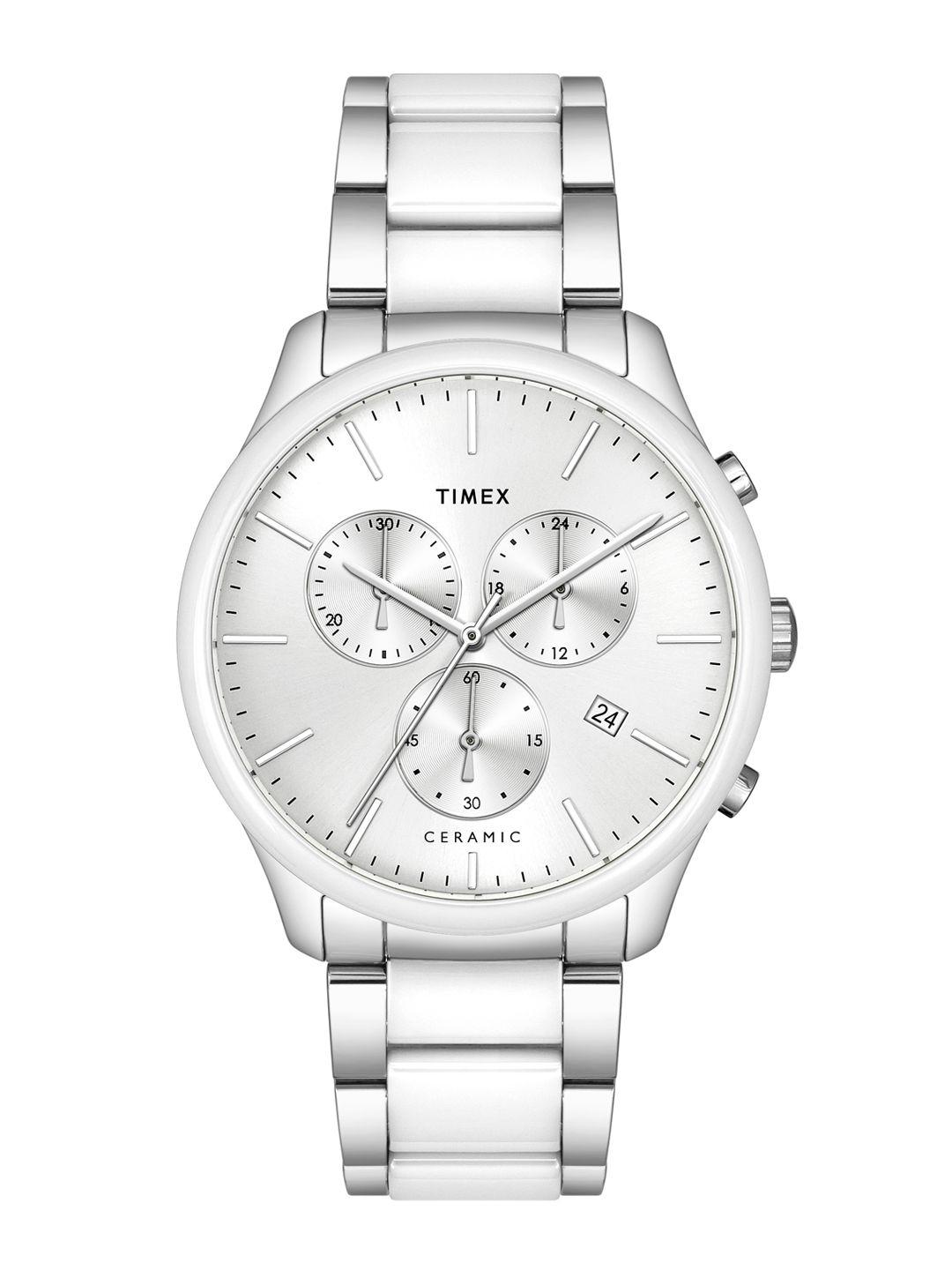 timex men silver-toned patterned dial & silver toned stainless steel bracelet style straps analogue watch