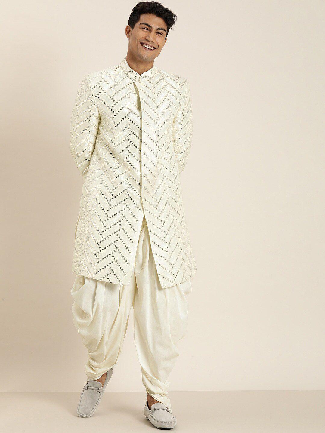 shrestha by vastramay men cream-colored mirror worked sherwani set