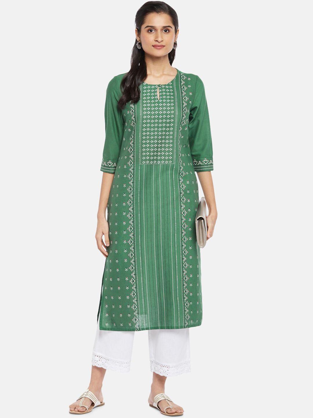 rangmanch by pantaloons women green geometric printed keyhole neck kurta