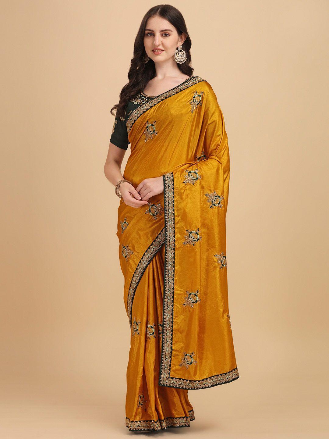 vaidehi fashion yellow & green floral embroidered silk blend heavy work saree