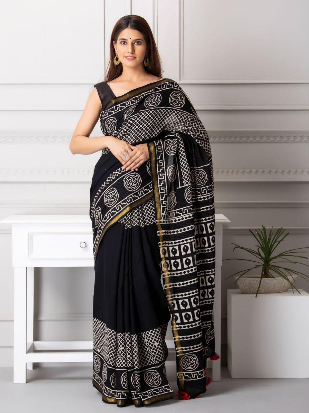 baisacrafts black & white zari pure cotton block print saree