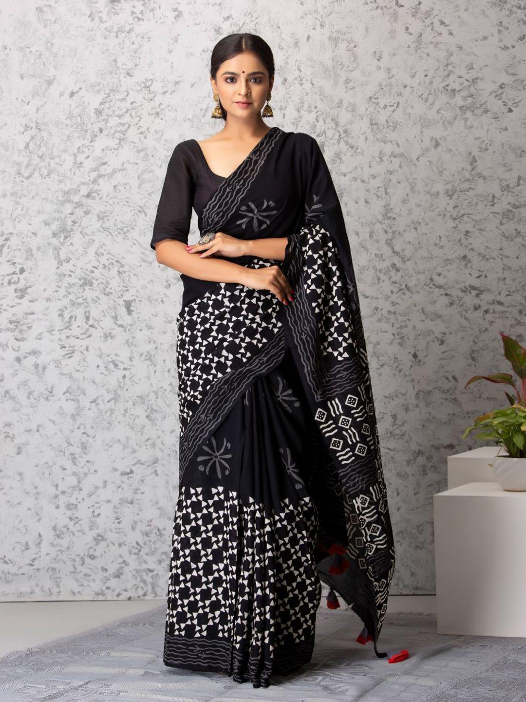 baisacrafts black floral pure cotton block print saree