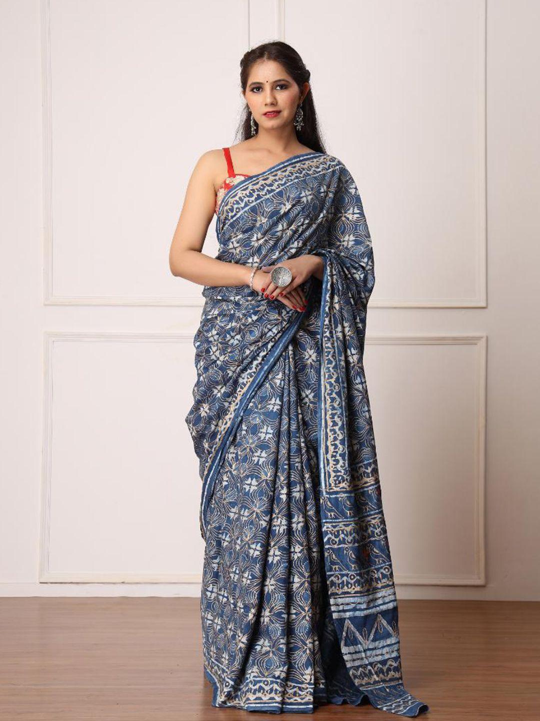 baisacrafts blue & white floral pure cotton dabu saree