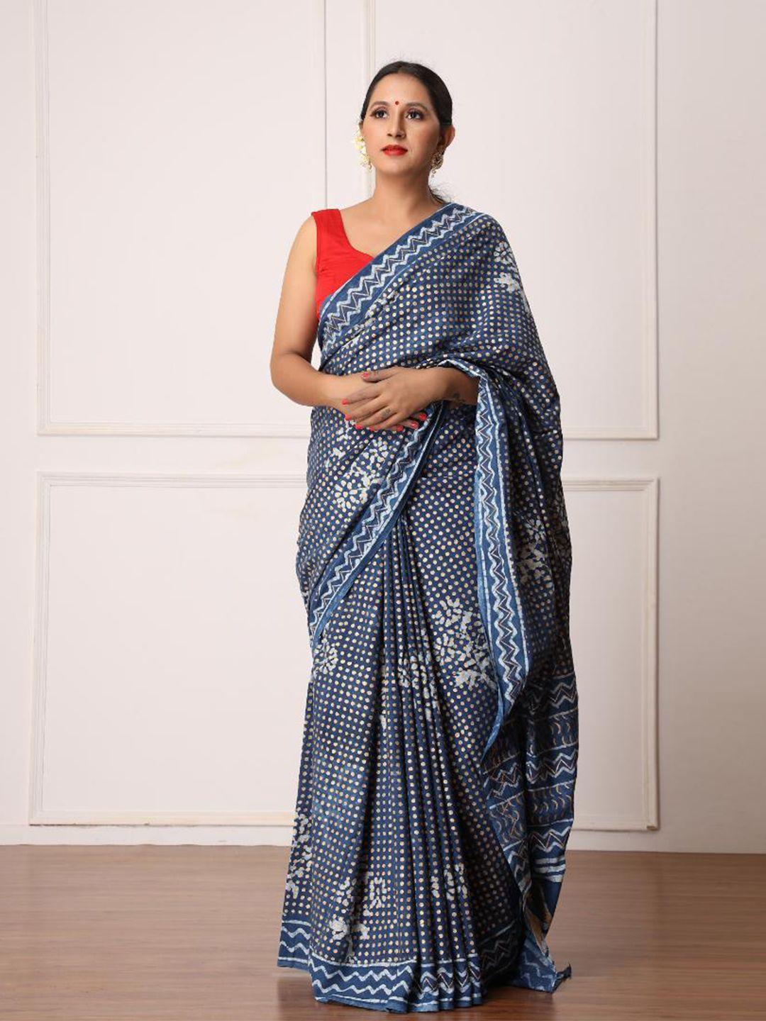 baisacrafts blue & white floral pure cotton dabu saree