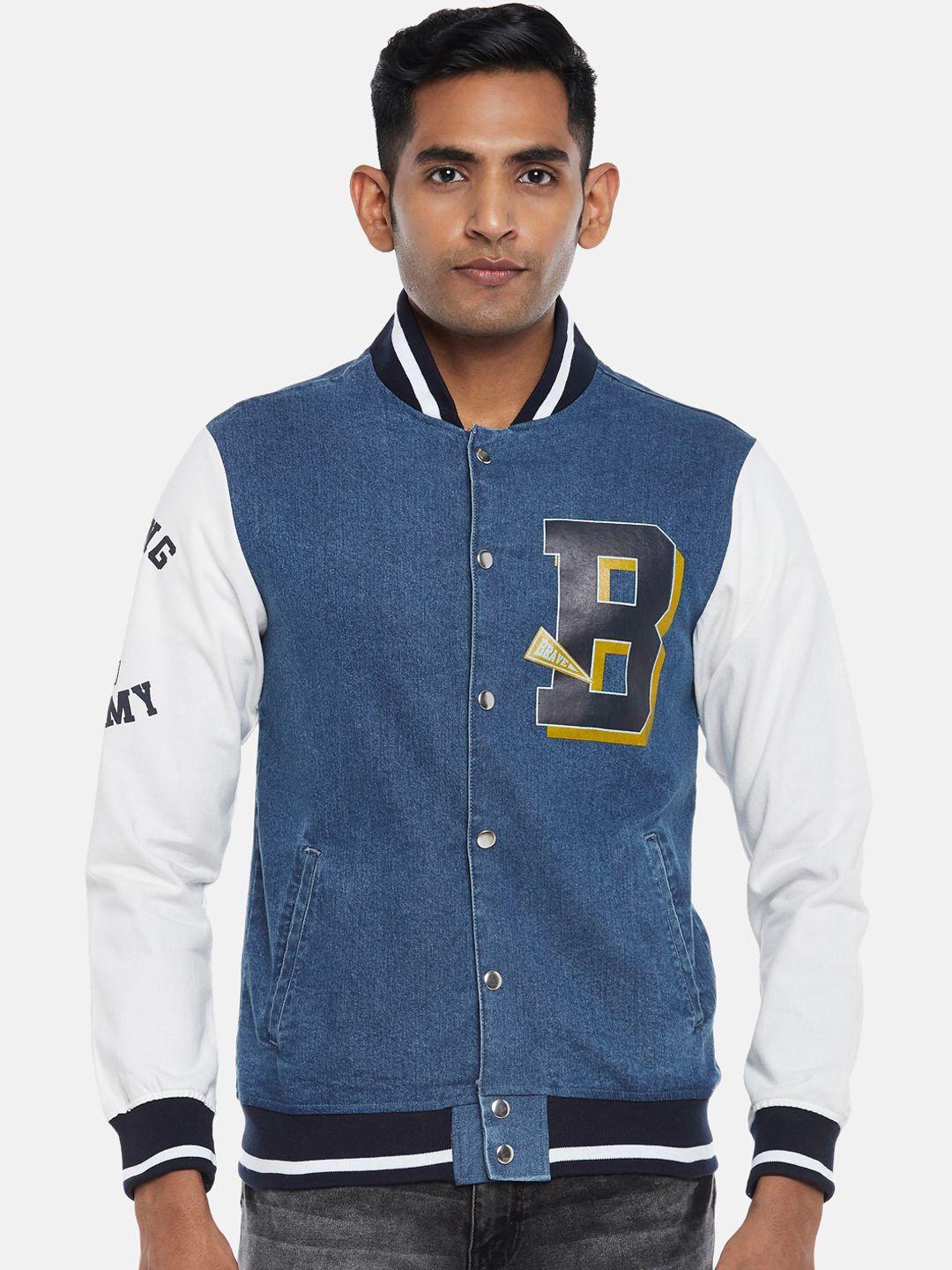 people men blue white typography bomber jacket