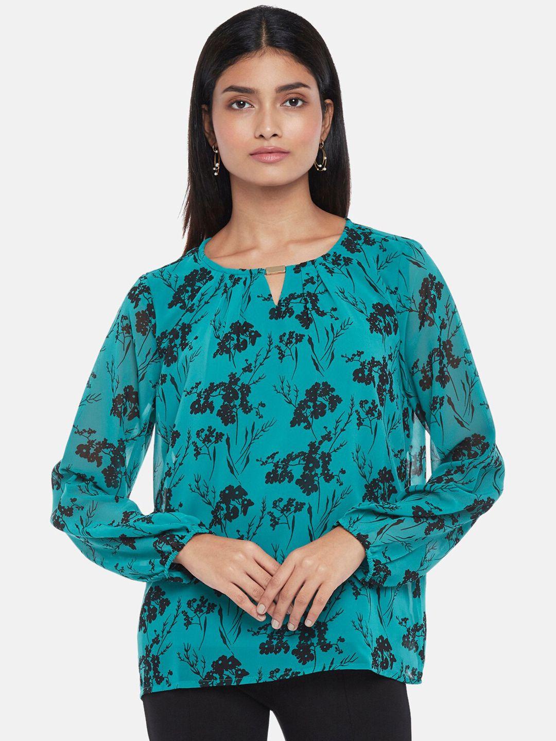 annabelle by pantaloons women turquoise blue floral print keyhole neck top