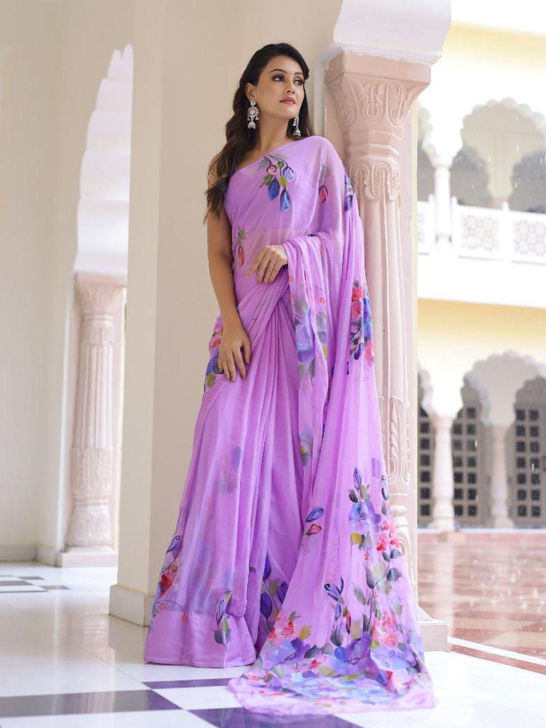 baisacrafts lavender & blue floral pure chiffon saree