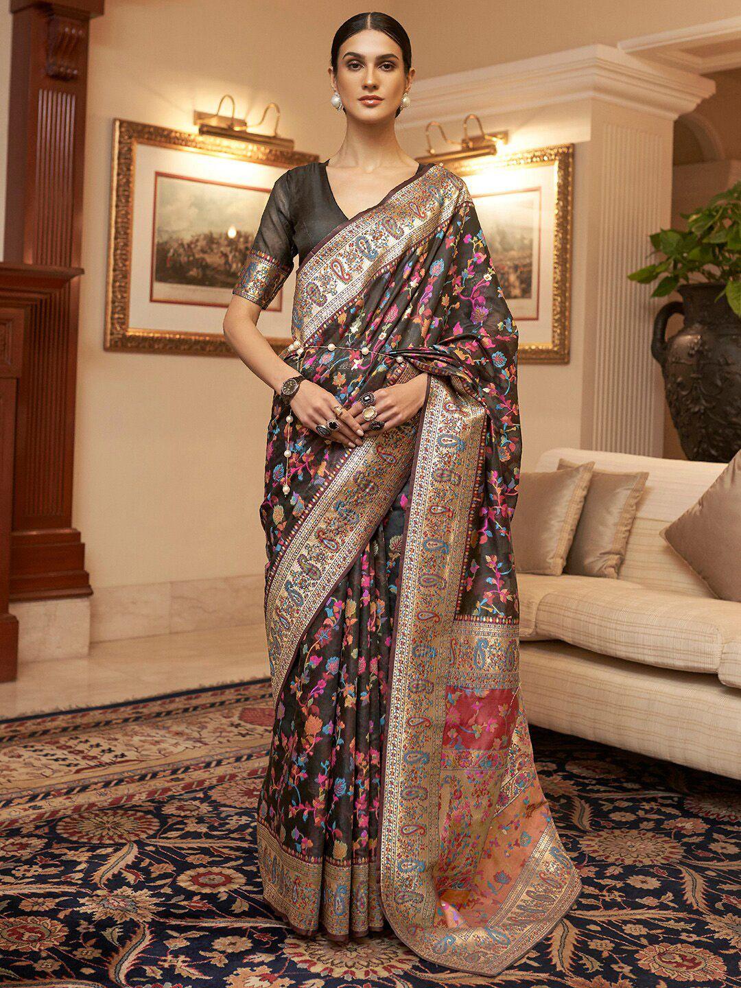 mitera black & pink woven design silk blend paithani saree