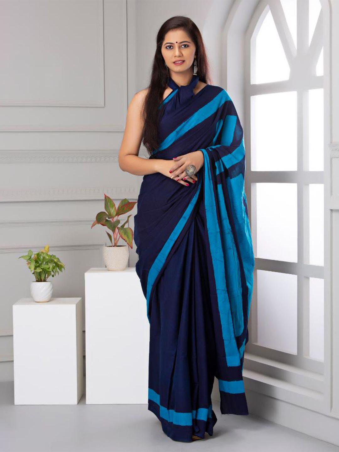 baisacrafts navy blue & blue batik pure cotton block print saree