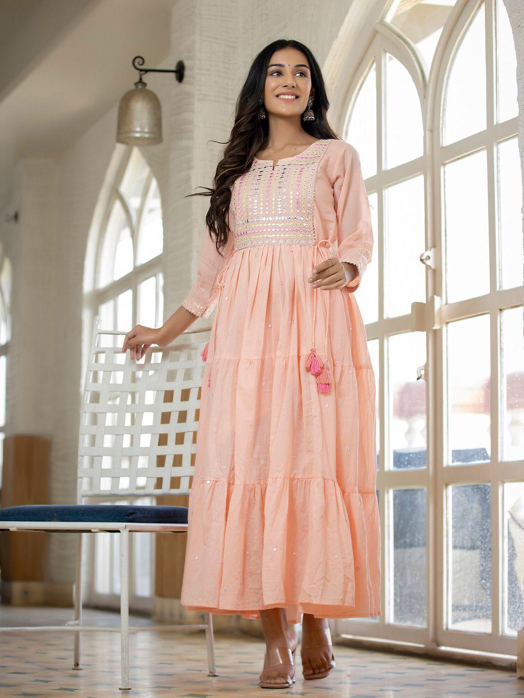 kaajh peach-coloured floral embroidered cotton maxi dress