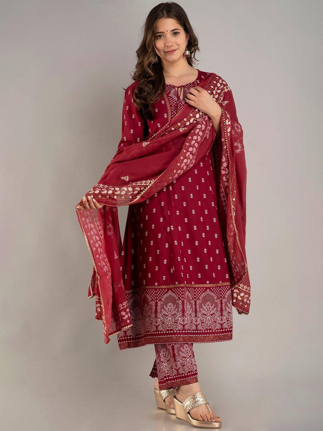 misbis women maroon ethnic motifs panelled kurta with palazzos & dupatta