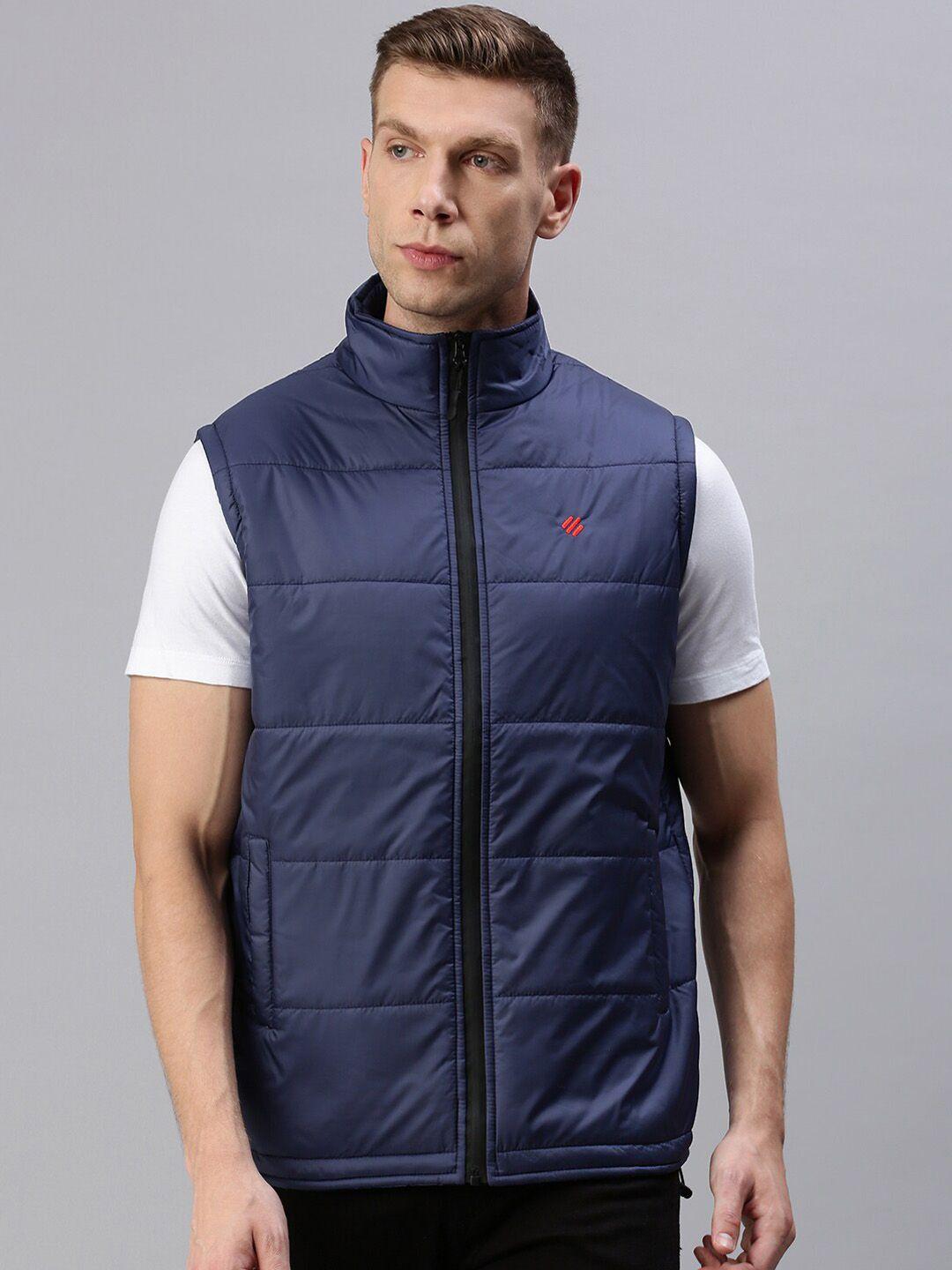 onn men navy blue colourblocked padded jacket