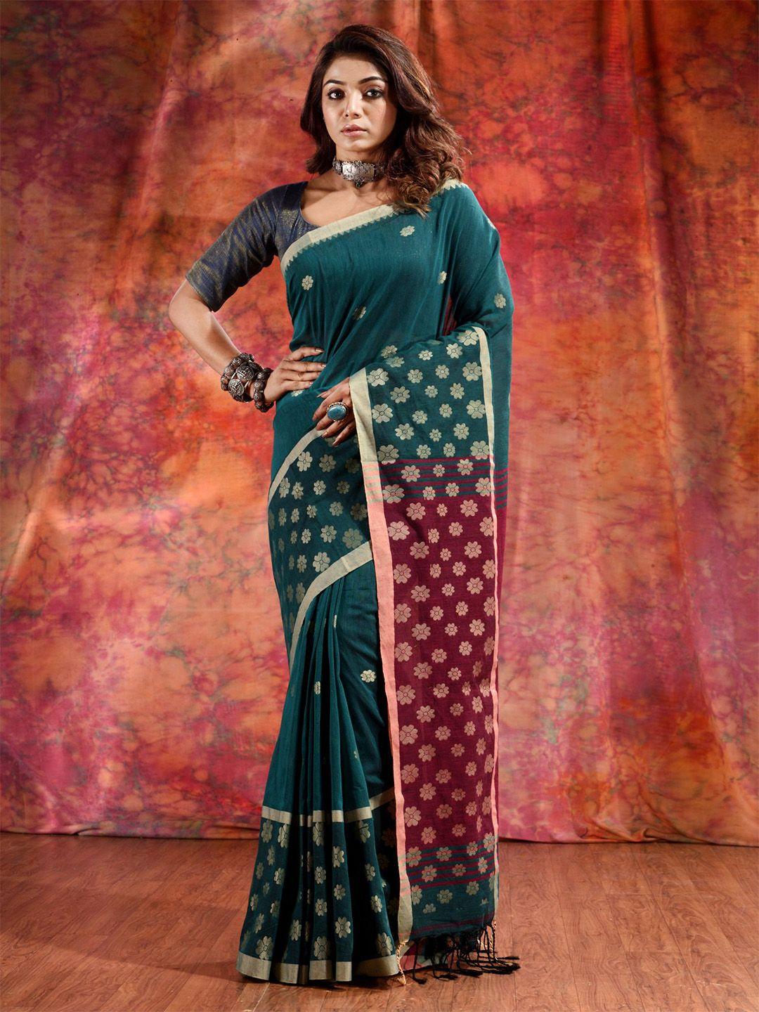 charukriti green & purple woven design pure cotton saree