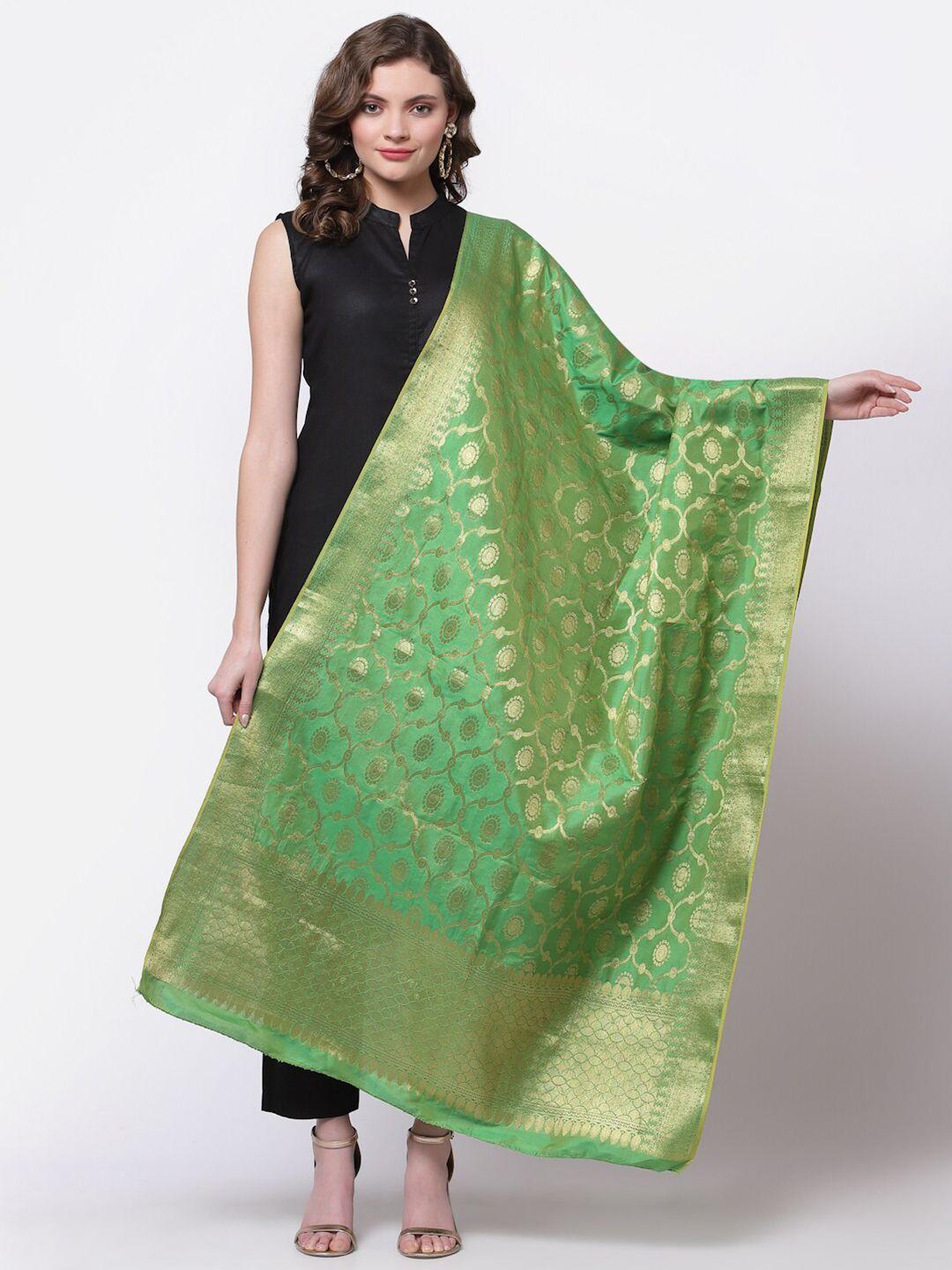 mf green & gold-toned ethnic motifs woven design art silk dupatta with zari