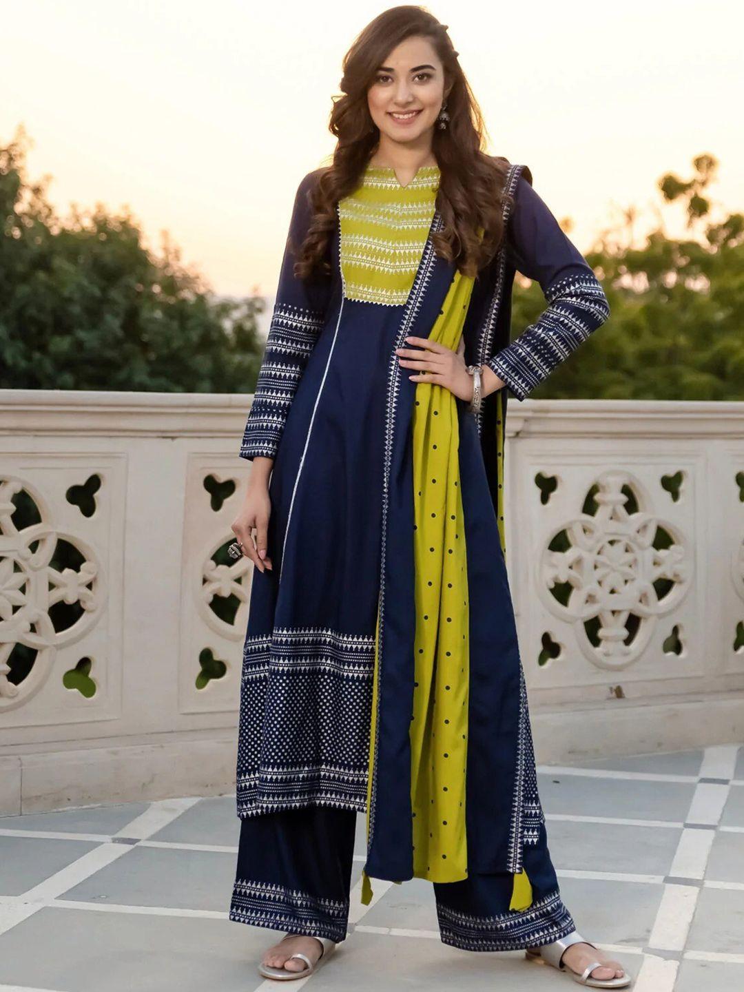 rustorange women blue & olive silver printed flared kurta dupatta set with gota details