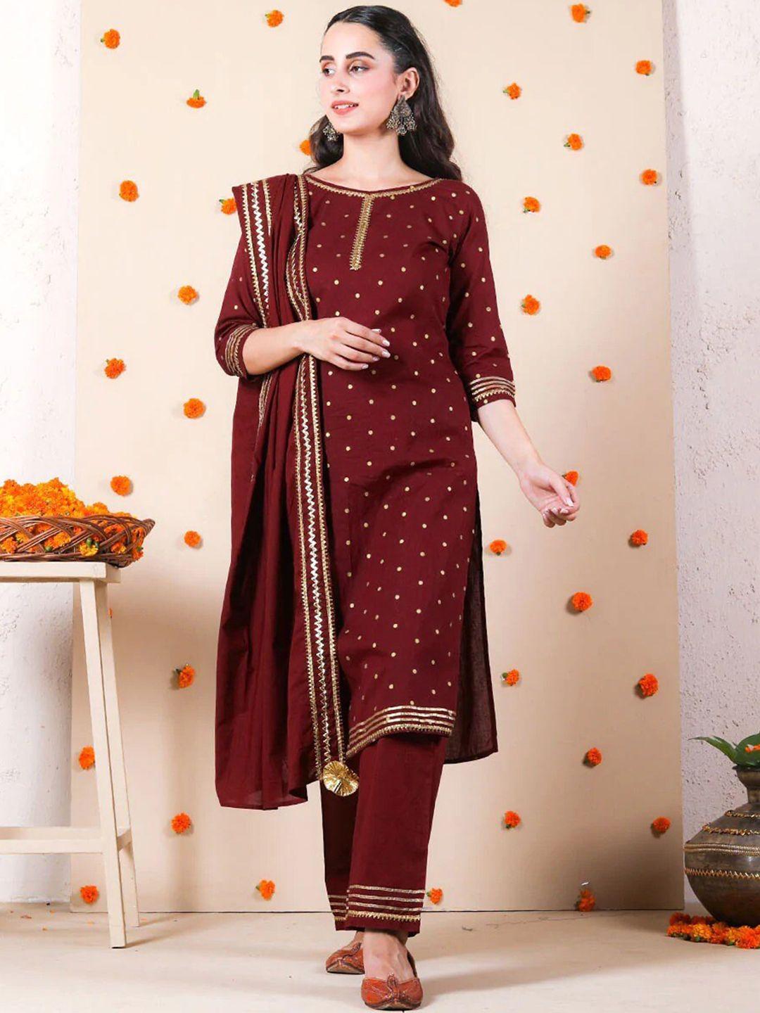 rustorange women maroon printed gotta work kurta set