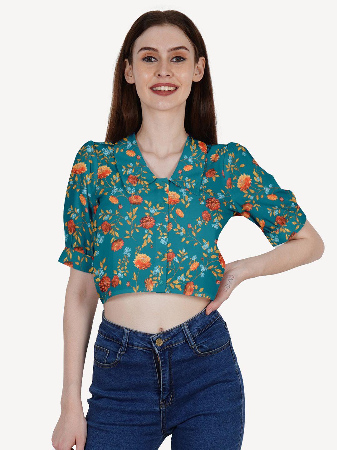 dressberry teal floral print crepe crop top