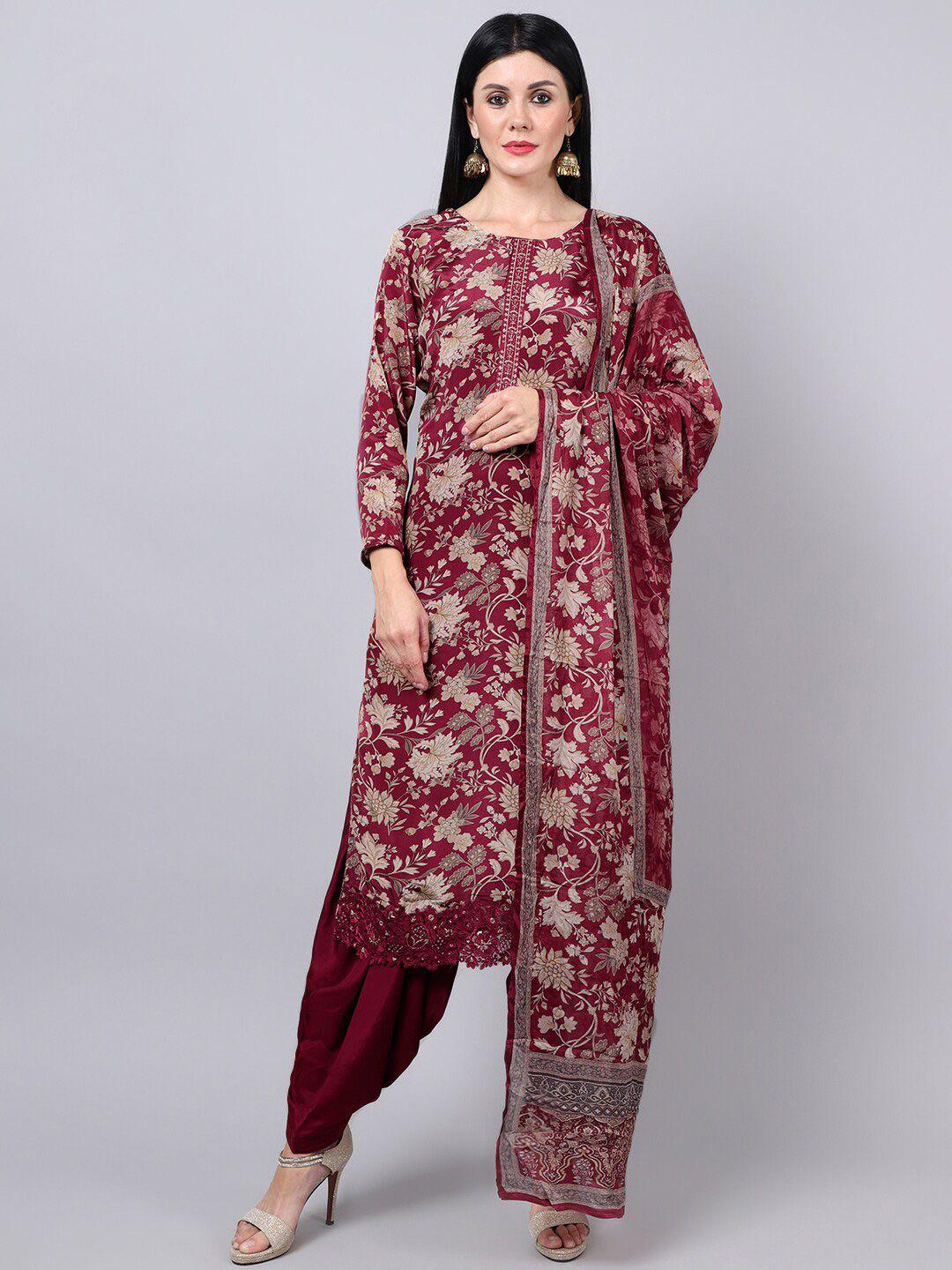 stylee lifestyle magenta & cream-coloured embroidered silk crepe unstitched dress material