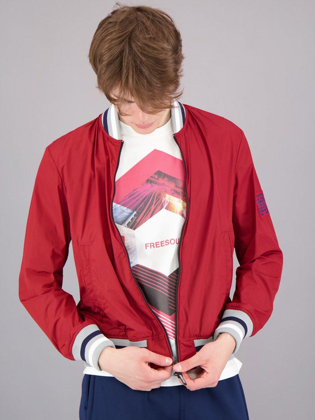 freesoul men maroon striped lightweight varsity jacket