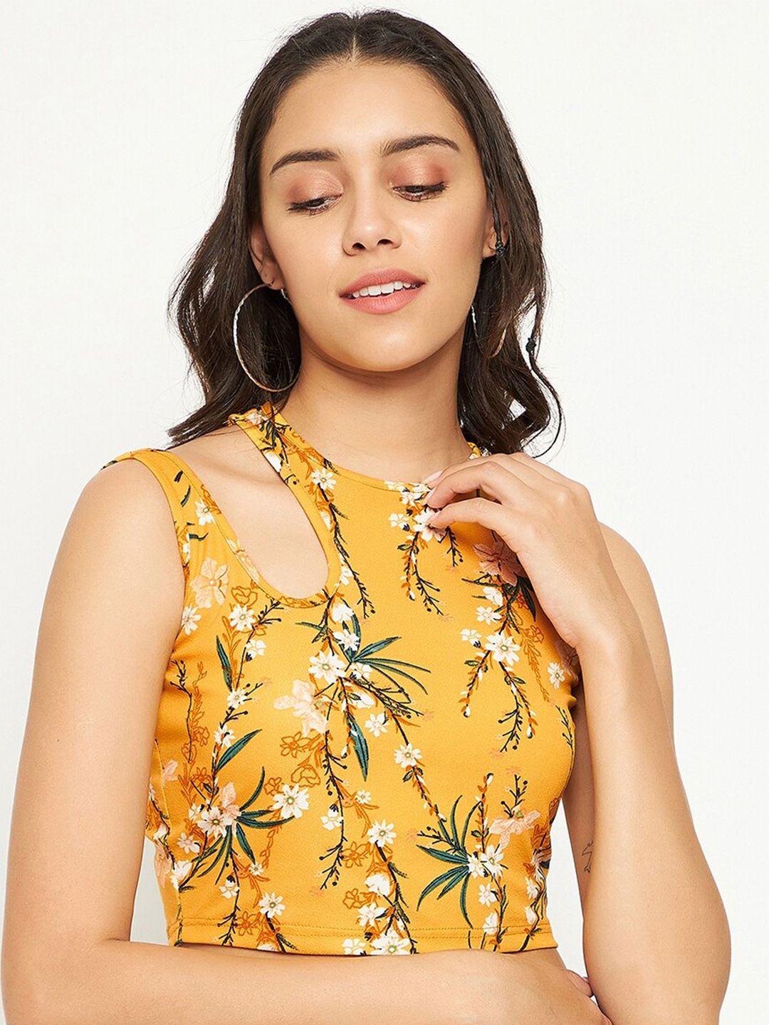 uptownie lite yellow floral print one shoulder crop top