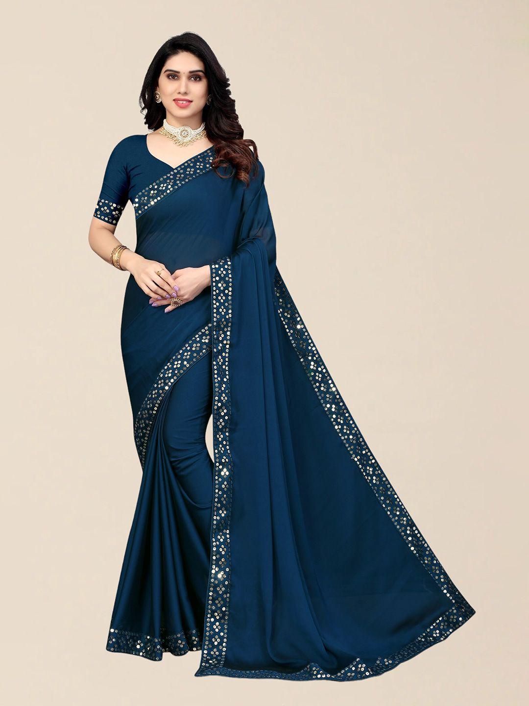 serona fabrics women navy blue sequinned silk blend saree with unstitched blouse piece