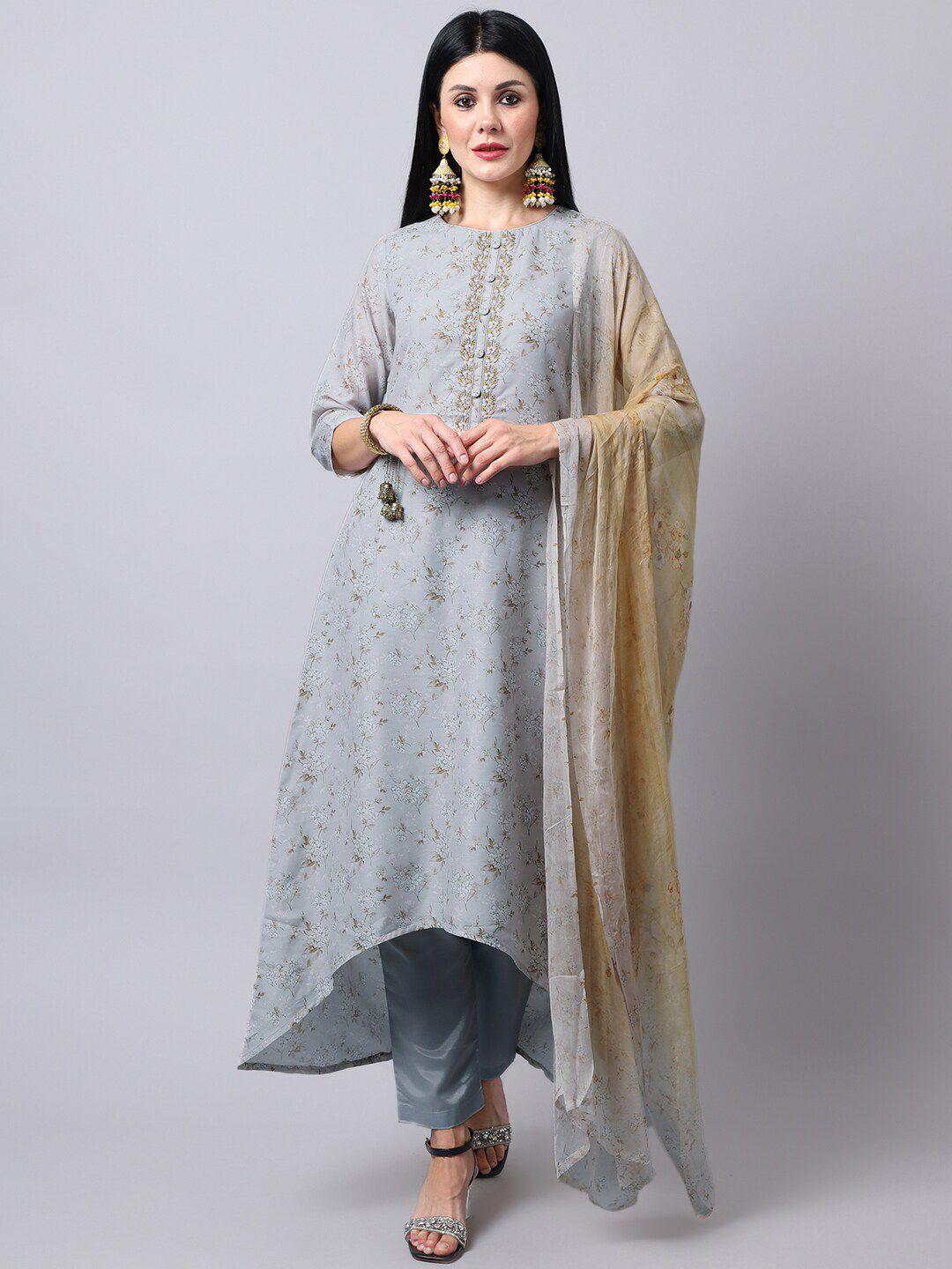 stylee lifestyle grey & beige printed pure silk unstitched dress material