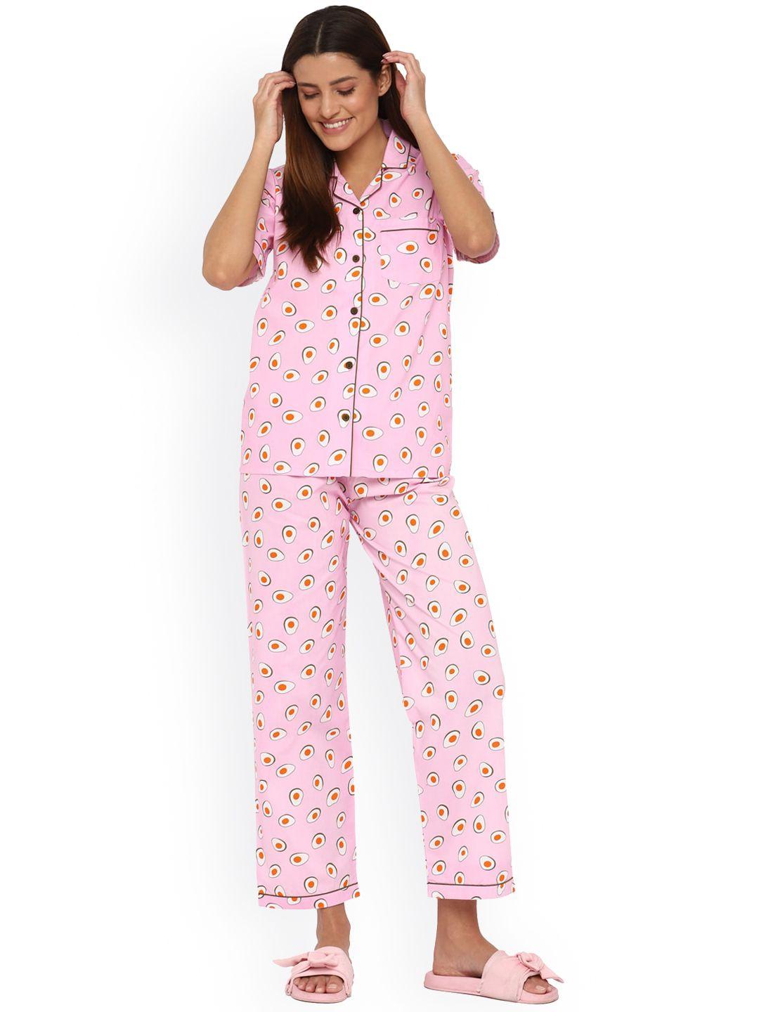 shopbloom women pink & white printed pure cotton night suit