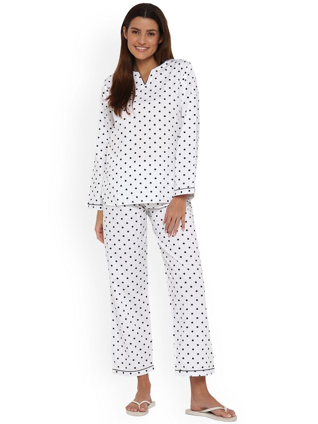 shopbloom women white & black polka dot printed night suit