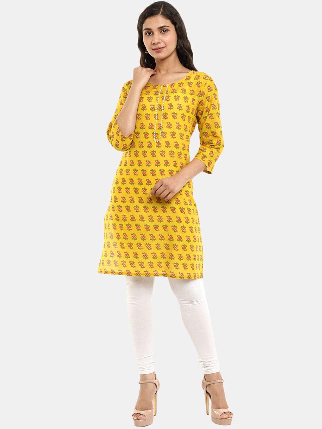 desi mix women yellow & pink ethnic motifs printed kurta