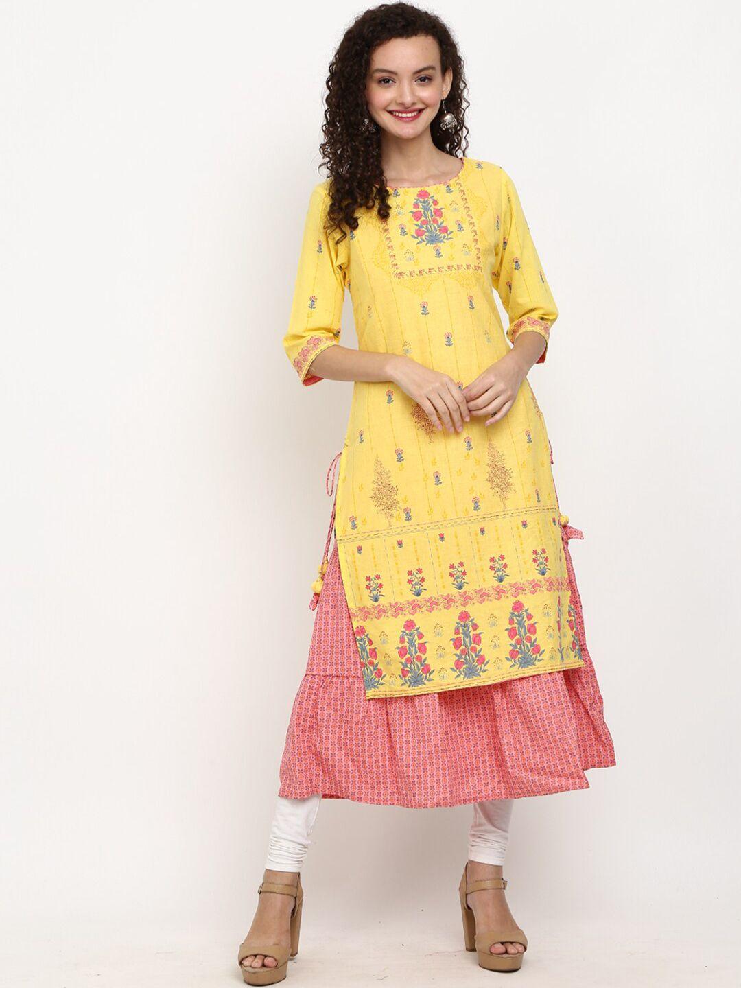 desi mix women cotton yellow floral printed kurta