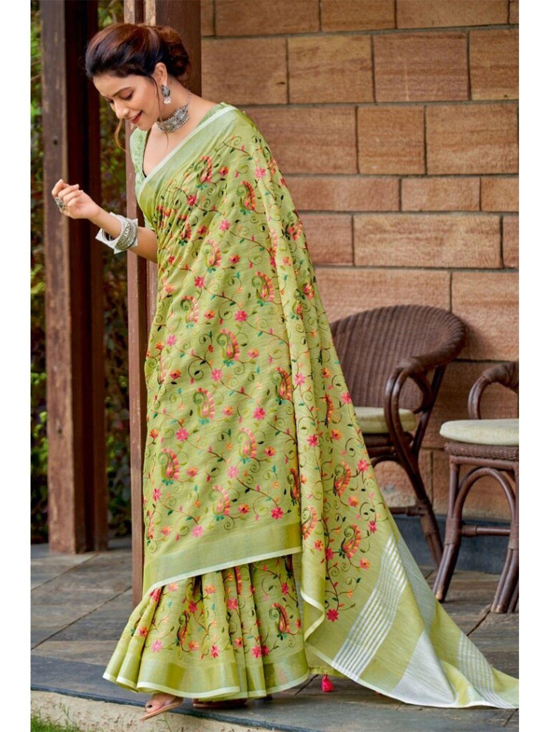 karagiri green & pink floral embroidered zari linen blend saree