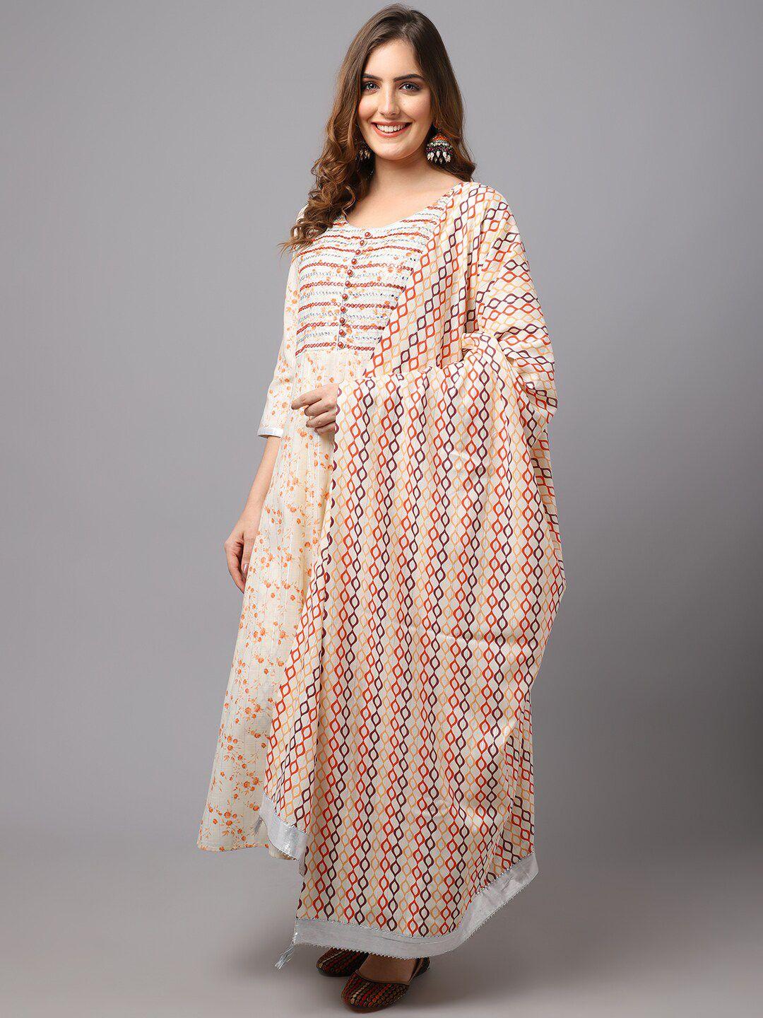 tulsattva women cream-coloured printed kurta with palazzos & with dupatta