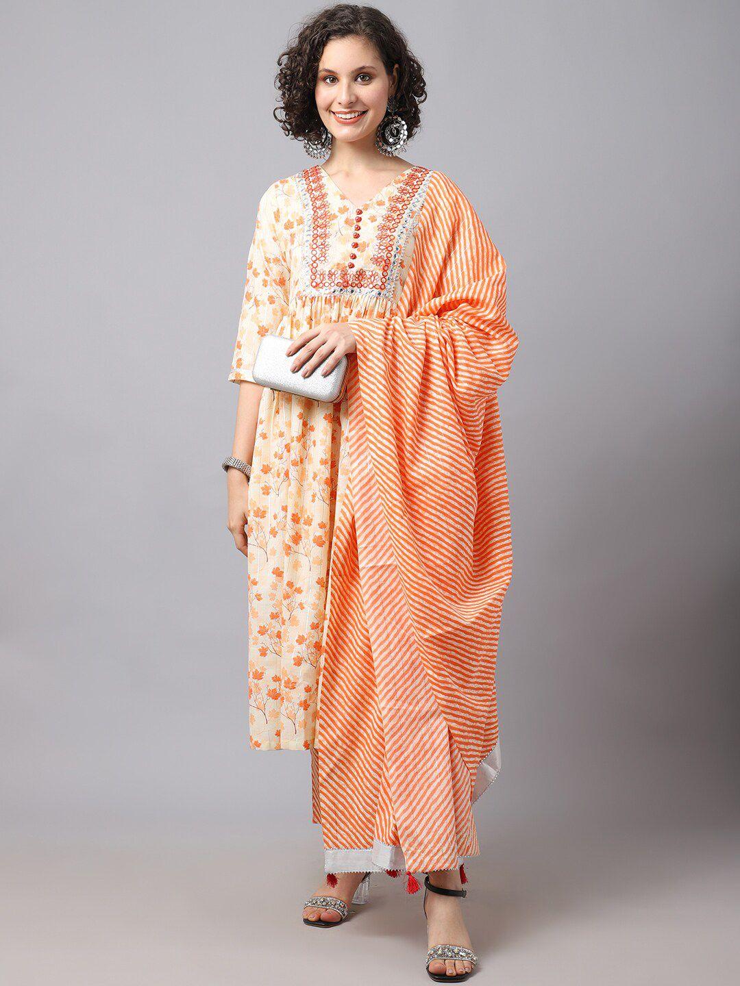 tulsattva women orange floral pleated gotta patti kurta with trousers & with dupatta