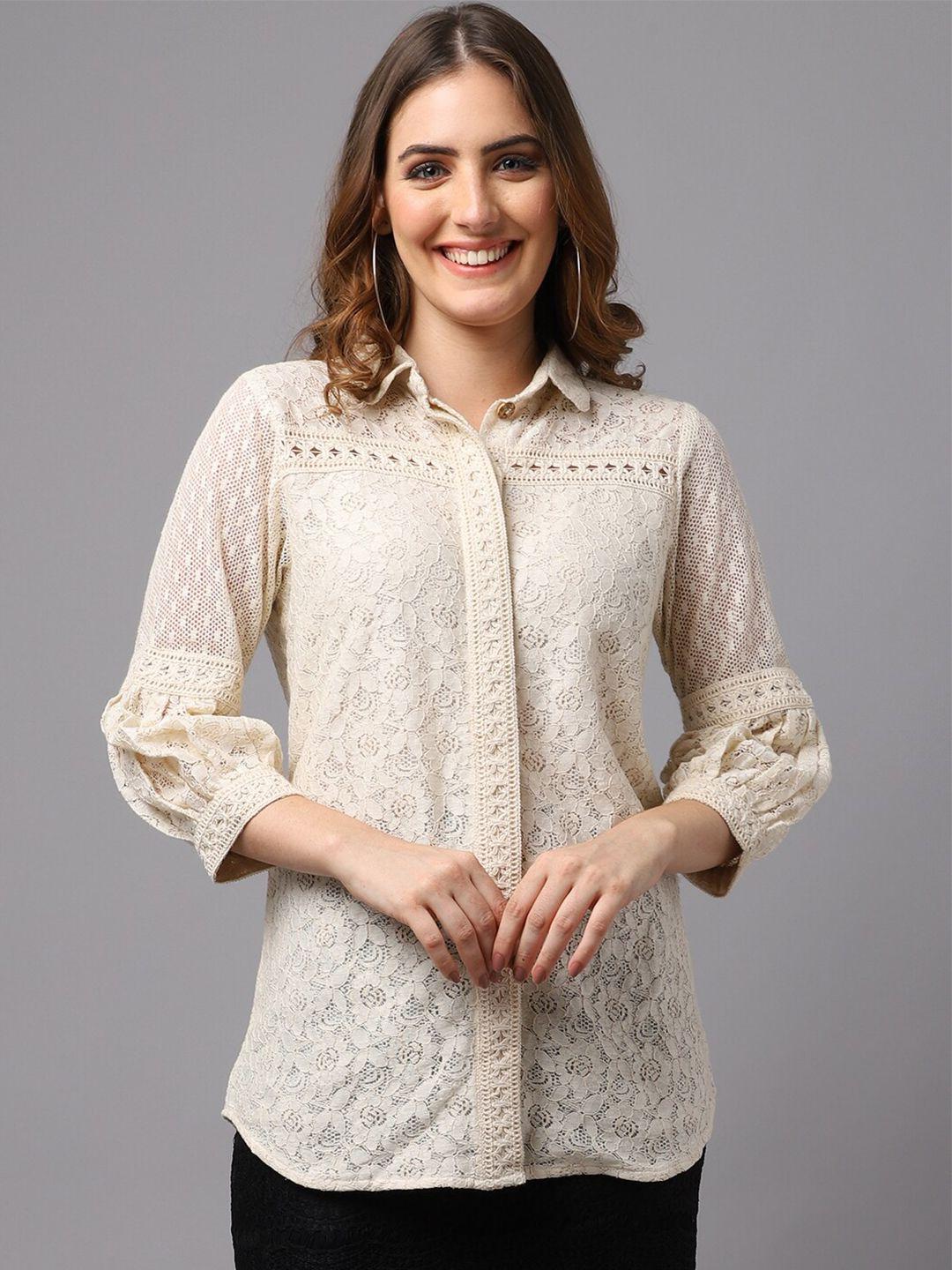 tulsattva women beige schiffli lace shirt